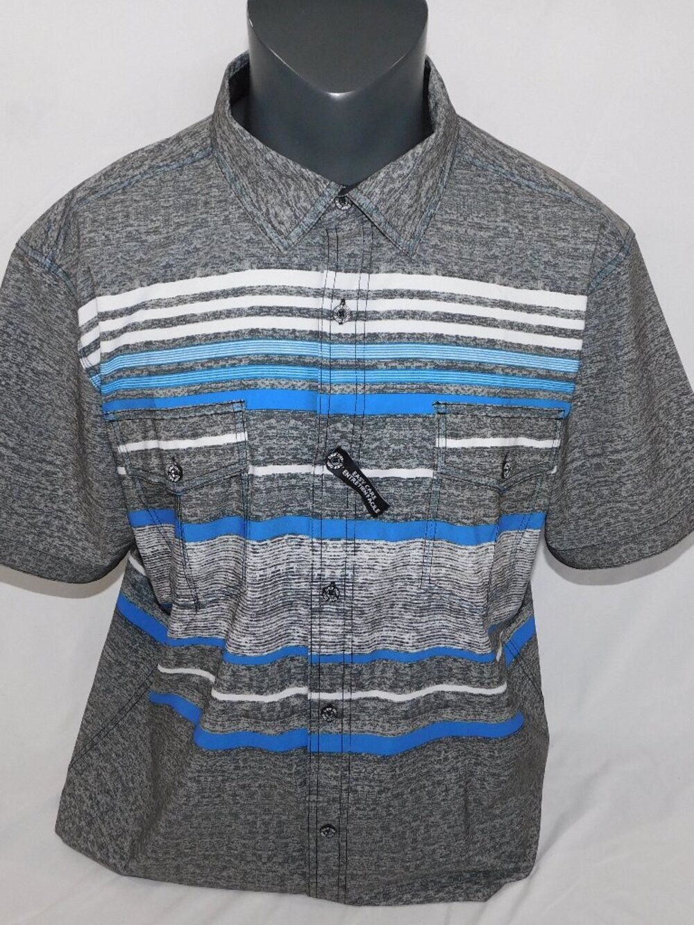 DRIPDRY Gray Blue Striped Ultra Quick Drying Button Front SS Shirt Mens XXL